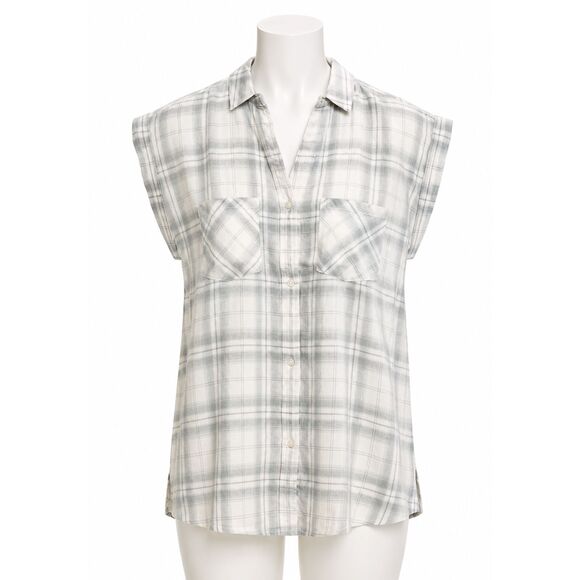 UNTUCKit Tops - UNTUCKit Villefranchie Plaid Button Front Top Size 0 White Gray Cotton TENCEL